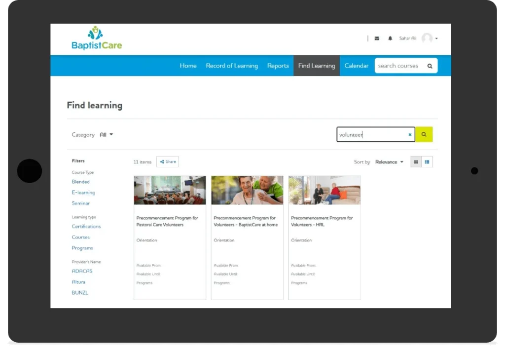 Screenshot of the BaptistCare learning solution