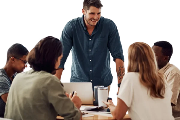 team of 5 discussing around the table