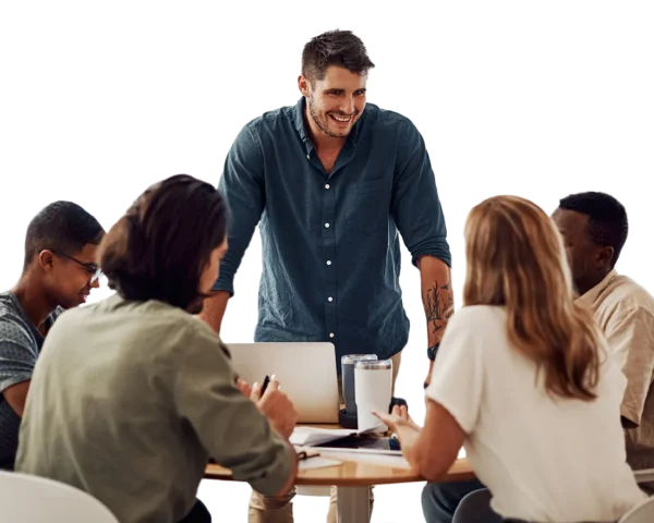 team of 5 discussing around the table